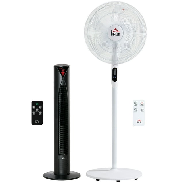 HOMCOM White Tower Fan & 16" Pedestal Fan Set, Remote Control, Height Adjustable, Oscillation, Timer, 3 Speeds, Multiple Modes for Living Room, Bedroom, Office Cooling