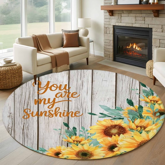 Round Rugs 7Ft, Sunflower Round Area Rug Washable Indoor Throw Carpet, Summer Botanical Elegant Floral Wooden Large Non Slip Circle Rug for Dining Room Playroom Home Decor Aesthetic