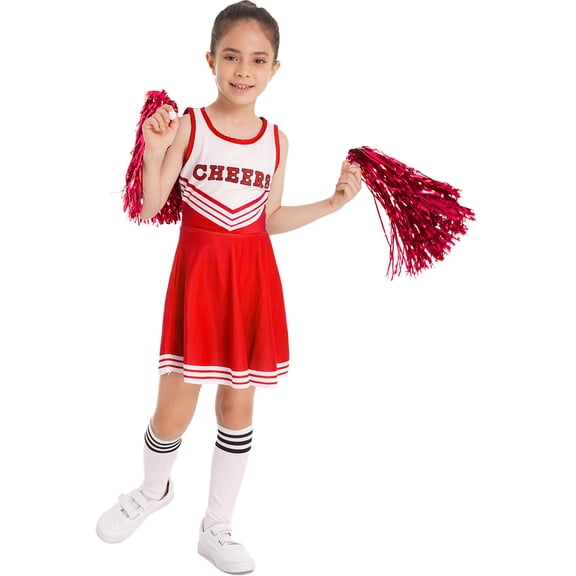 Miutii Kids 3Pcs Cheerleading Uniform for Girls Sleeveless Cheer Leader Dance Dress Outfit with Stockings 2 Pom Poms Red 5-6