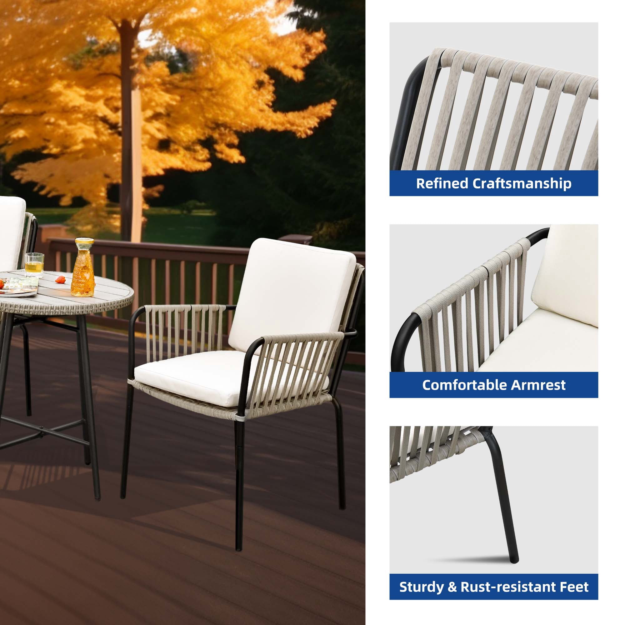 DEXTRUS Outdoor Dining Chair Set of 2, Rope Woven Design Bistro Chairs, Indoor-Outdoor Armchair Seating - Green and Grey
