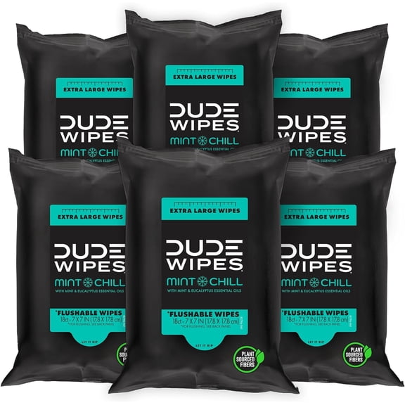Wipes - Flushable Wipes Travel Pack - 6 Pack, 108 Count - Mint Chill Extra-Large - Vitamin-E, Aloe Vera, Eucalyptus, and Tea Tree Oils - Septic and Sewer
