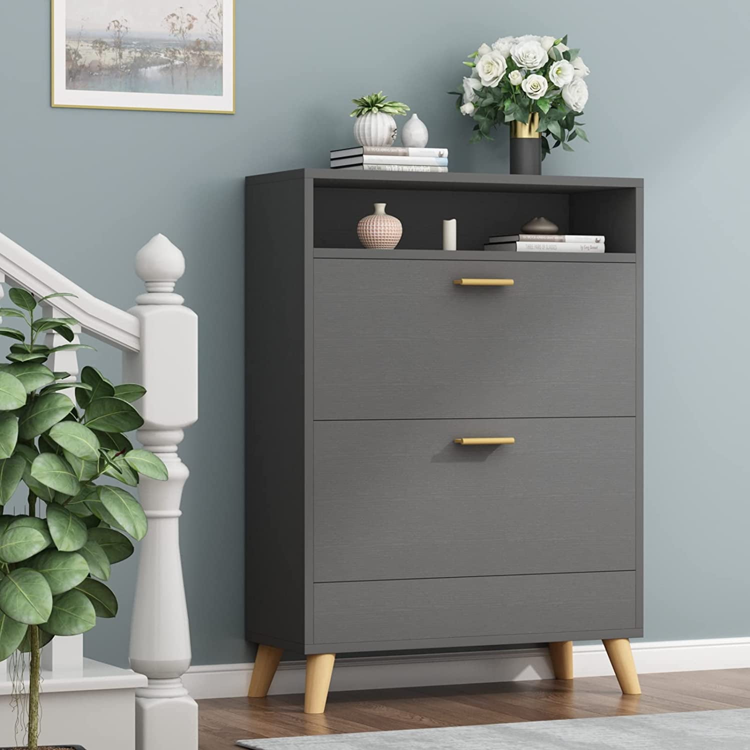 Gyfimoie Shoe Free Standing Shoe Organizer with 2 Flip Drawers