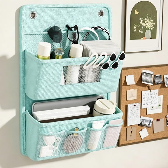 Double Layer Wall Mounted Storage Hanging Bag Oxford Fabric Bedside Organizer For Dormitory Green