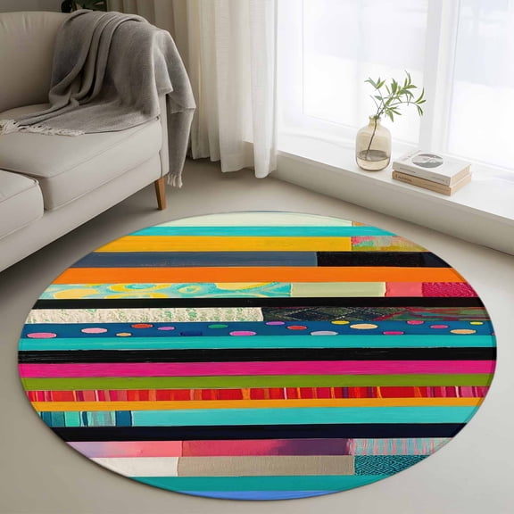 Colorful Striped Round Area Rug 3 FT, Small Kitchen Bathroom Mats, Modern Abstract Art Retro Washable Indoor Outdoor Throw Runner Carpet Non-Shedding Doormat for Table Shower Sofa Entryway