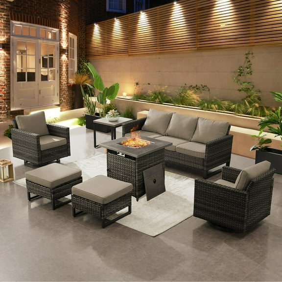 PARKWELL 7 Piece Outdoor Patio Furniture Set with Fire Pit Table,Rattan Sofa Swivel Glider Conversation Seating Group with Cushions Gray