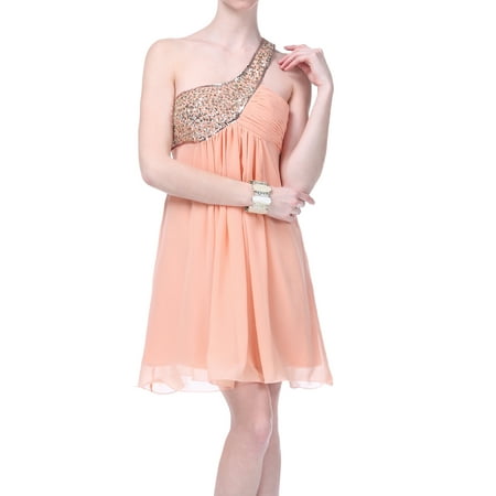 Elegant One Shoulder Beaded Pleated Short Formal Dress Peach -