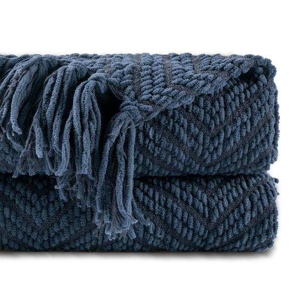 Battilo Navy Blue Throw Blanket for Couch, Knitted Herringbone Throw 50