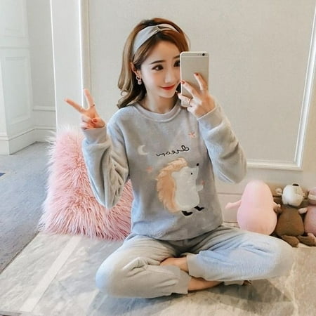 

PIKADINGNIS Autumn Winter Warm Flannel Women Pyjamas Sets Thick Coral Velvet Long Sleeve Cartoon Sleepwear Thin Flannel Pajamas Set