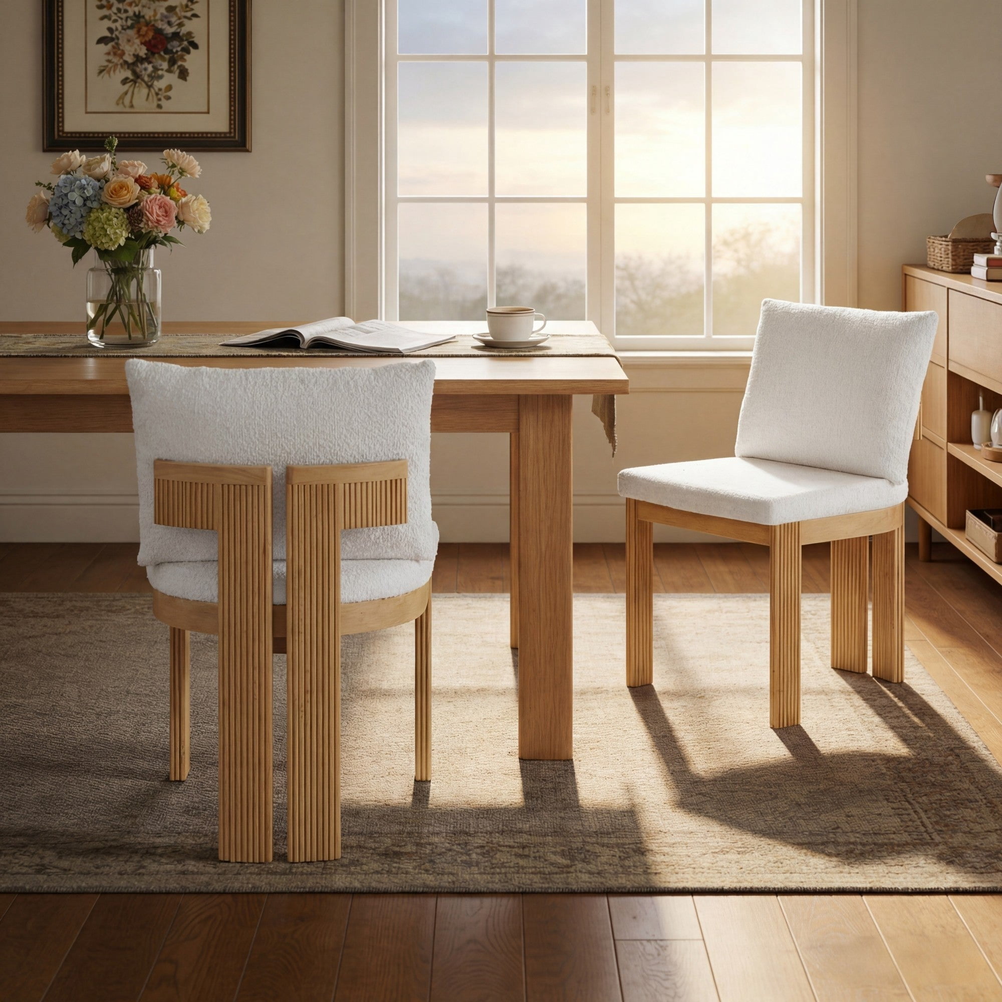 Sailvan Boucle Dining Set of 2 Chairs with Rubber Wood Frame,Upholstered Mid-Century Modern Kitchen Chairs for Small Spaces Beige