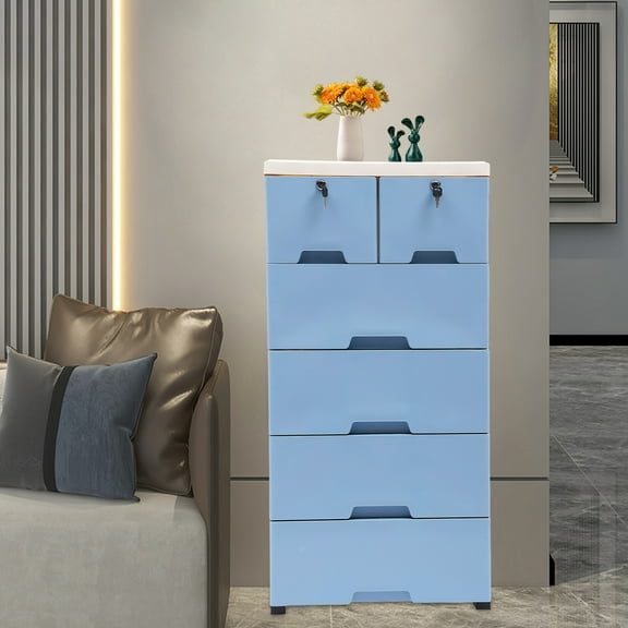 50*35*102cm Rectangle White&Blue Storage Dresser Bedroom 6 Drawer Clothes Organizer Tower Cabinet