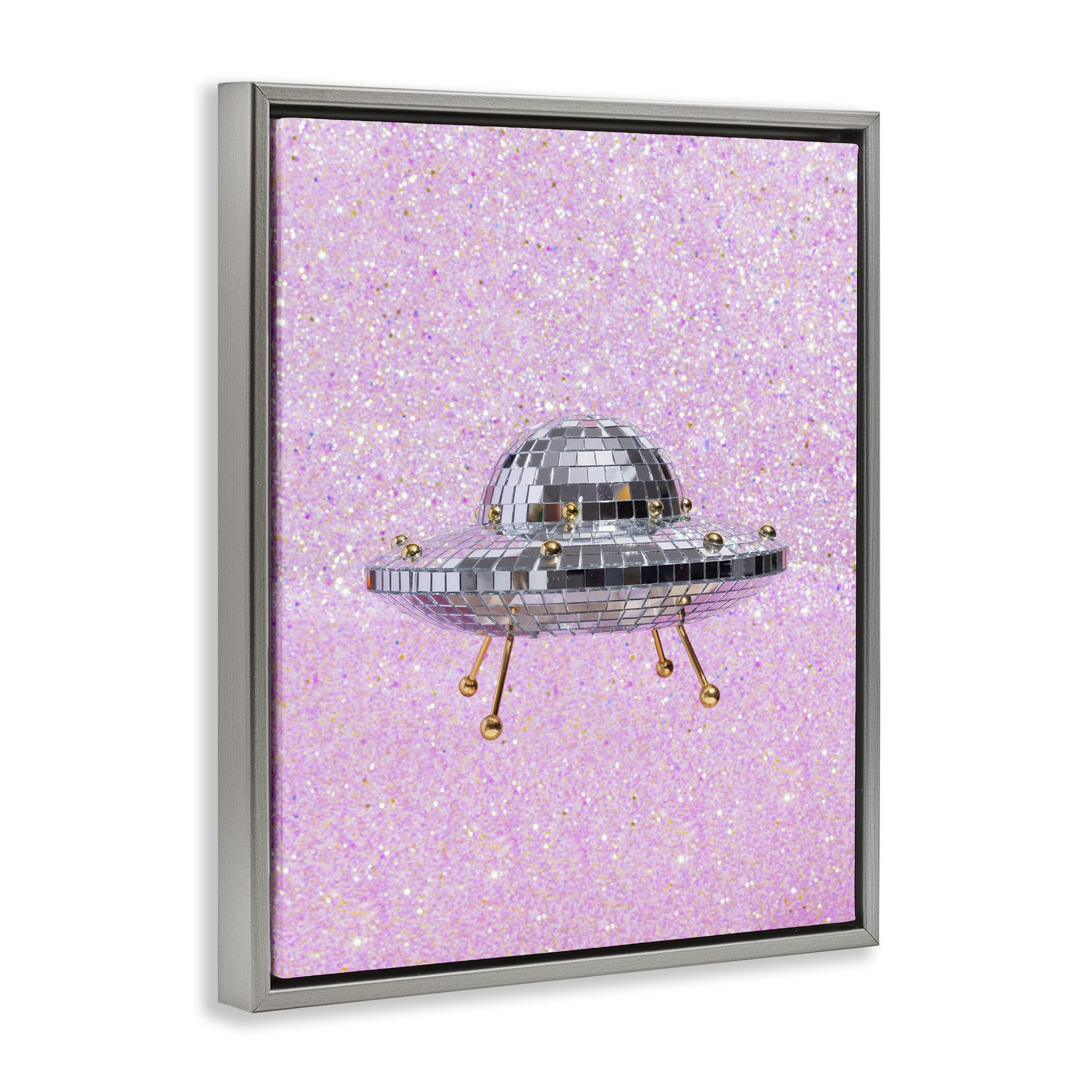 Stupell Industries Disco Patterned UFO Performing Arts Painting Gray Floater Framed Art Print Wall Art, 17 x 21