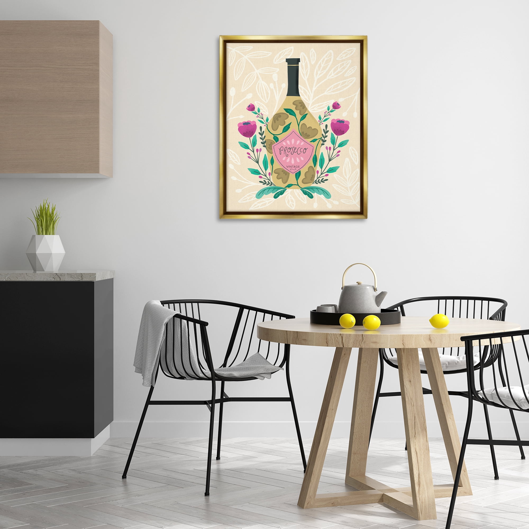 Stupell Industries Chic Floral Alcohol Bottle Food & Beverage Painting Gold Floater Framed Canvas Art Print Wall Art, 25 x 31
