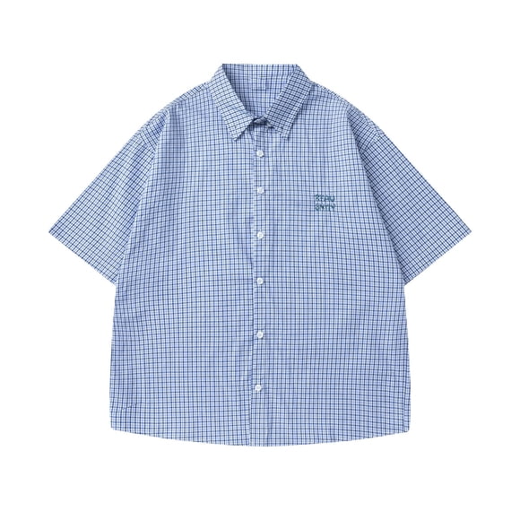 Blusa y camisa de manga corta con cuello vuelto para hombre, estilo vintage, informal, a cuadros, con solapa y botones, de moda, de manga larga