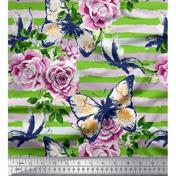 Soimoi Cotton Duck Fabric Stripe,Butterfly & Rose Floral Print Fabric by The Yard 56 Inch Wide
