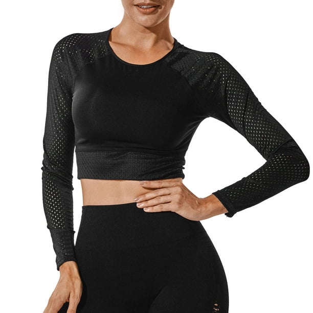 Womens Long Sleeve Gym Yoga Sports Crop Top Seamless T-shirt