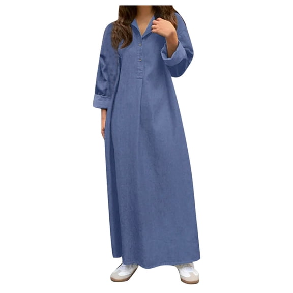 Women's Bohemian Maxi Denim Dress Casual Long Flowy Spring Summer Beach Dress Comfortable Stylish Versatile