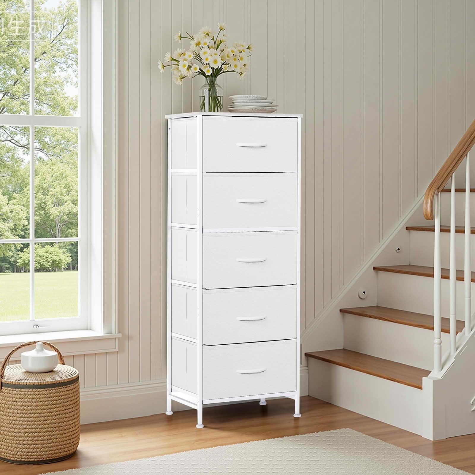 MAYEERTY 5 Drawer Fabric Dresser with Wooden Top, Steel Frame Storage Chest Organizer for Bedroom Nursery Entryway