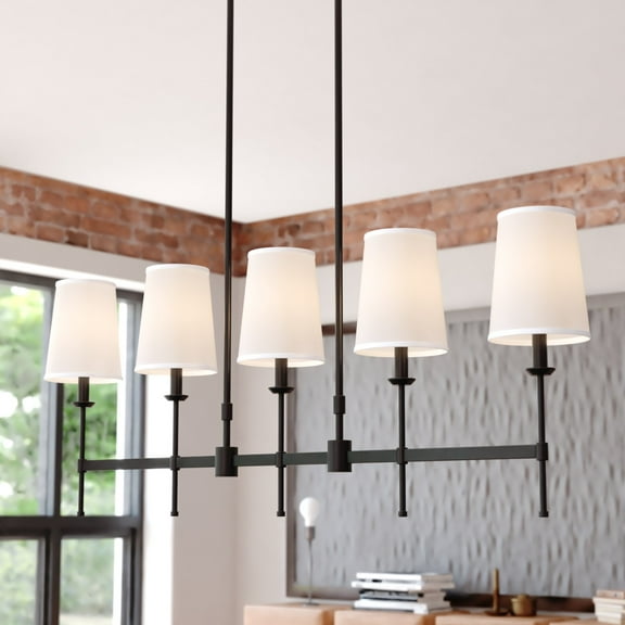 Camden 5 Light Matte Black Linear Chandelier Island Pendant Fixture White Fabric Shade, LED Compatible