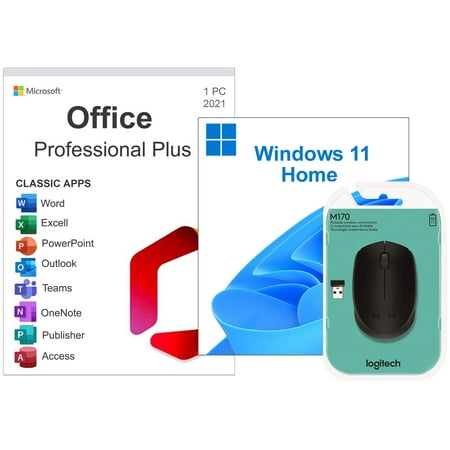 Microsoft Windows 11 Home OEM 64 Bit DVD & Office 2021 Pro Plus DVD & Wireless Logitech Mouse, 3PK
