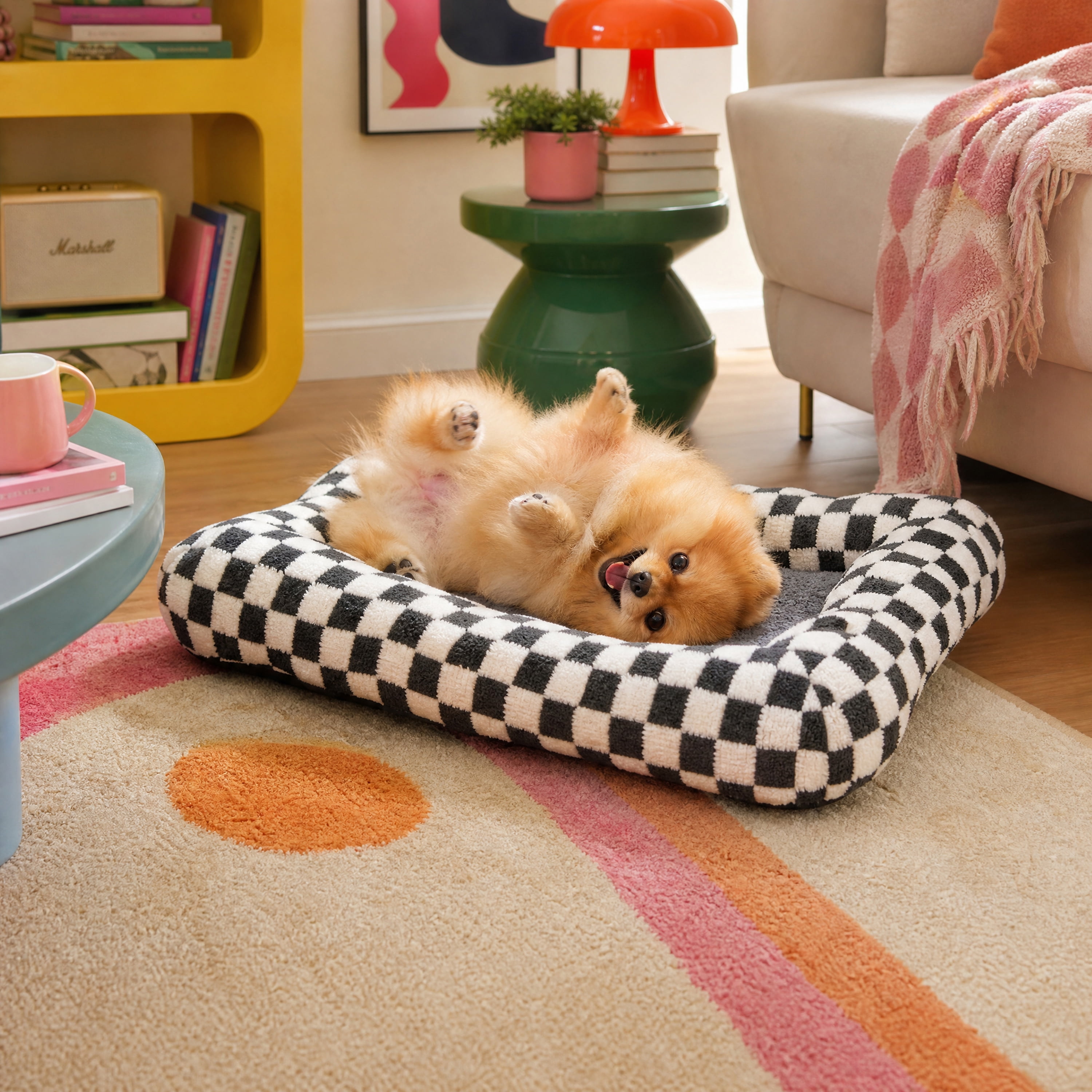 Oodles Checkered Sherpa Cloud Pet Bed, Black, Medium 30" L x 19" W