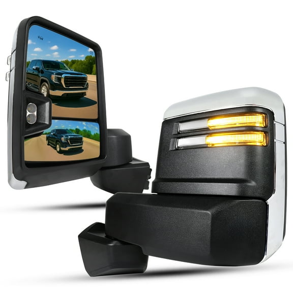 Spec-D Tuning Chrome Trim Power Heated Tow Mirrors w/ LED Signal, Blind Spot Sensor, Temperature Sensor Compatible with 2019-2025 GMC Sierra 1500, Left   Right Pair