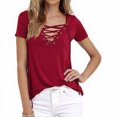 thumbnail image 3 of T-Shirt Femme Col en V Manches Courtes Haut Couleur Unie Blouse Décontractée, Rouge Vin, TG, 3 of 7