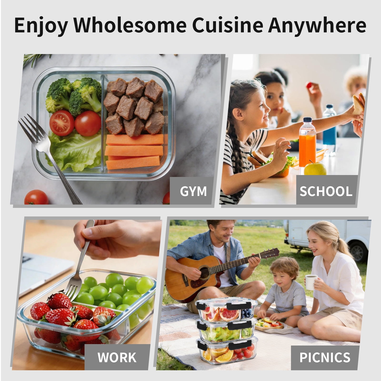 stusgo 35 Oz Glass Food Storage Containers 4-Pack,2 Compartment Portion Control with Airtight Snap Lids，Microwave, Oven, Freezer & Dishwasher Safe (4 Pack,Colorful)