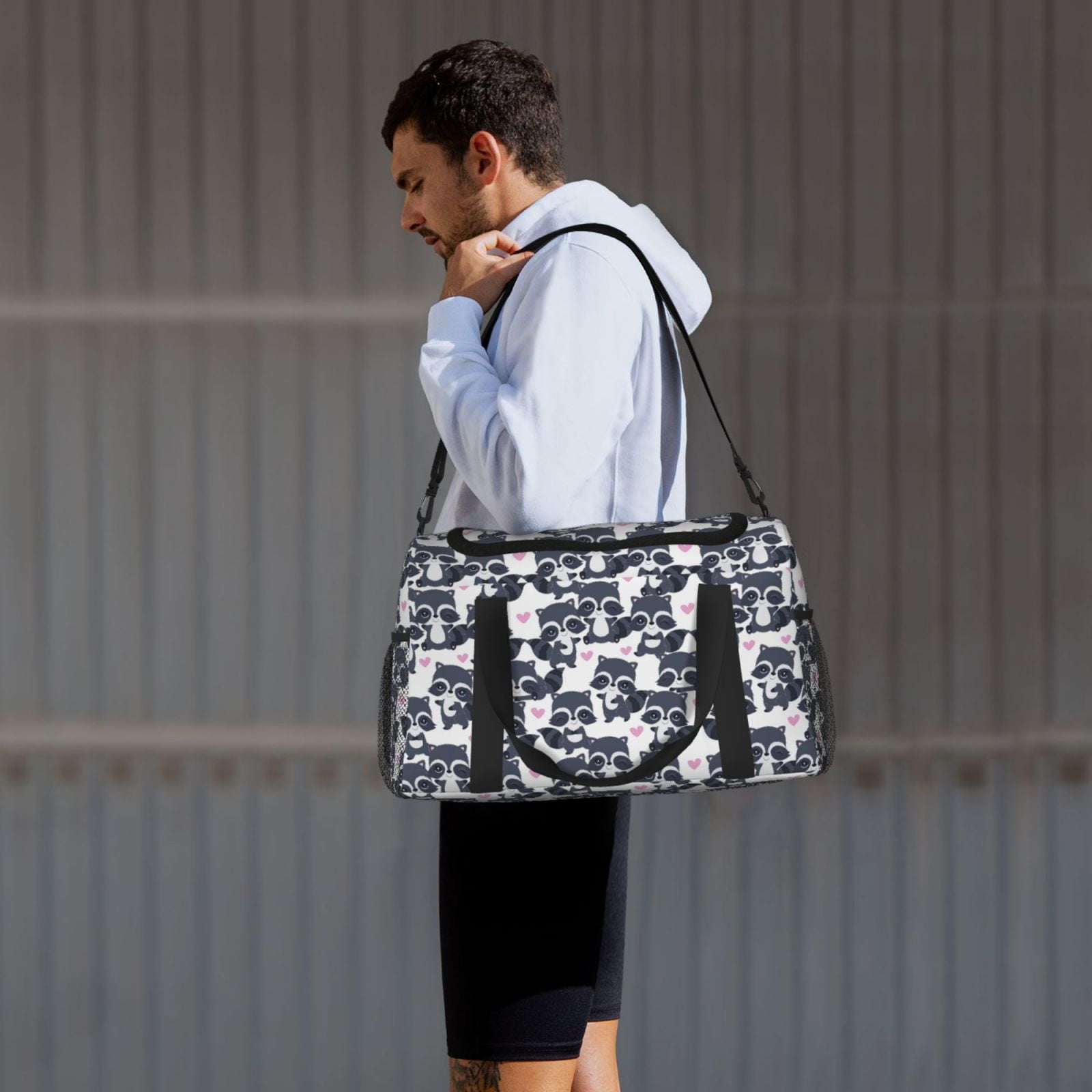 Defioc Cartoon Raccoon Print Hand Travel Bag - Foldable Travel Duffel Bags for Men Women -Sport Gym Bag - Overnight Travel Duffel Bag - Adjustable Shoulder Strap