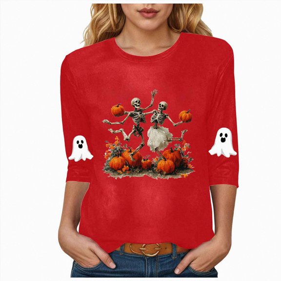 COMVALUE Halloween Shirts for Women 2026 3/4 Sleeve Funny Graphic T-Shirt Casual Crewneck Tunic Tops Halloween Costumes Adult (Red, XL)