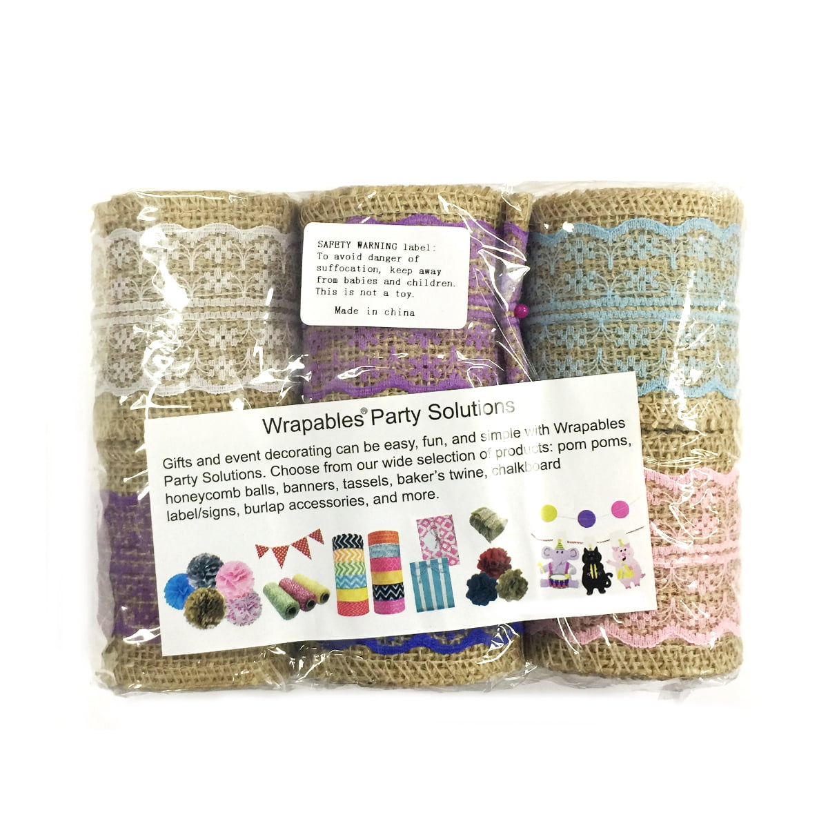 Wrapables® Hessian Burlap with Lace Ribbon 2.5 Inch Width x 2 Yards Length (Set of 6), Pink/Lavender/Purple/Sky Blue/Blue/White