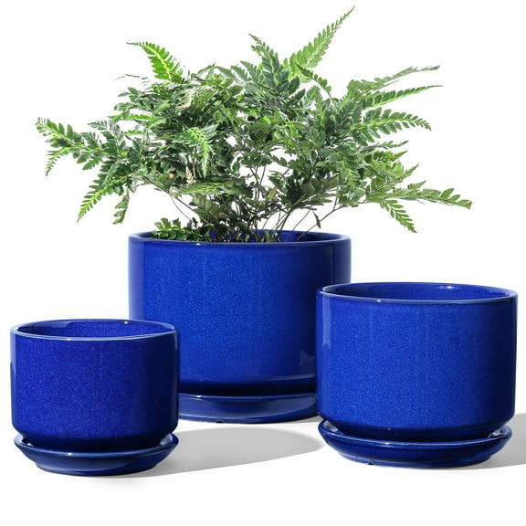 BEMAY Ceramic Plant Pots, 4.3" 5.3" 6.8" Flower Pots with Drainage Hole & Saucer, Pack of Three Planter, Sapphire Blue