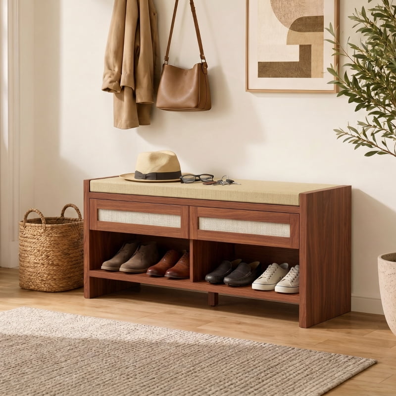 Alvantor Shoe Storage Bench with Rattan Drawers & Cushioned Seat for Entryway 42.5"x13.8"x19.7" Brown