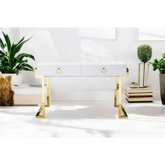 Pangea Home Julia Stainless Steel Desk in Glossy White Lacquer & Gold
