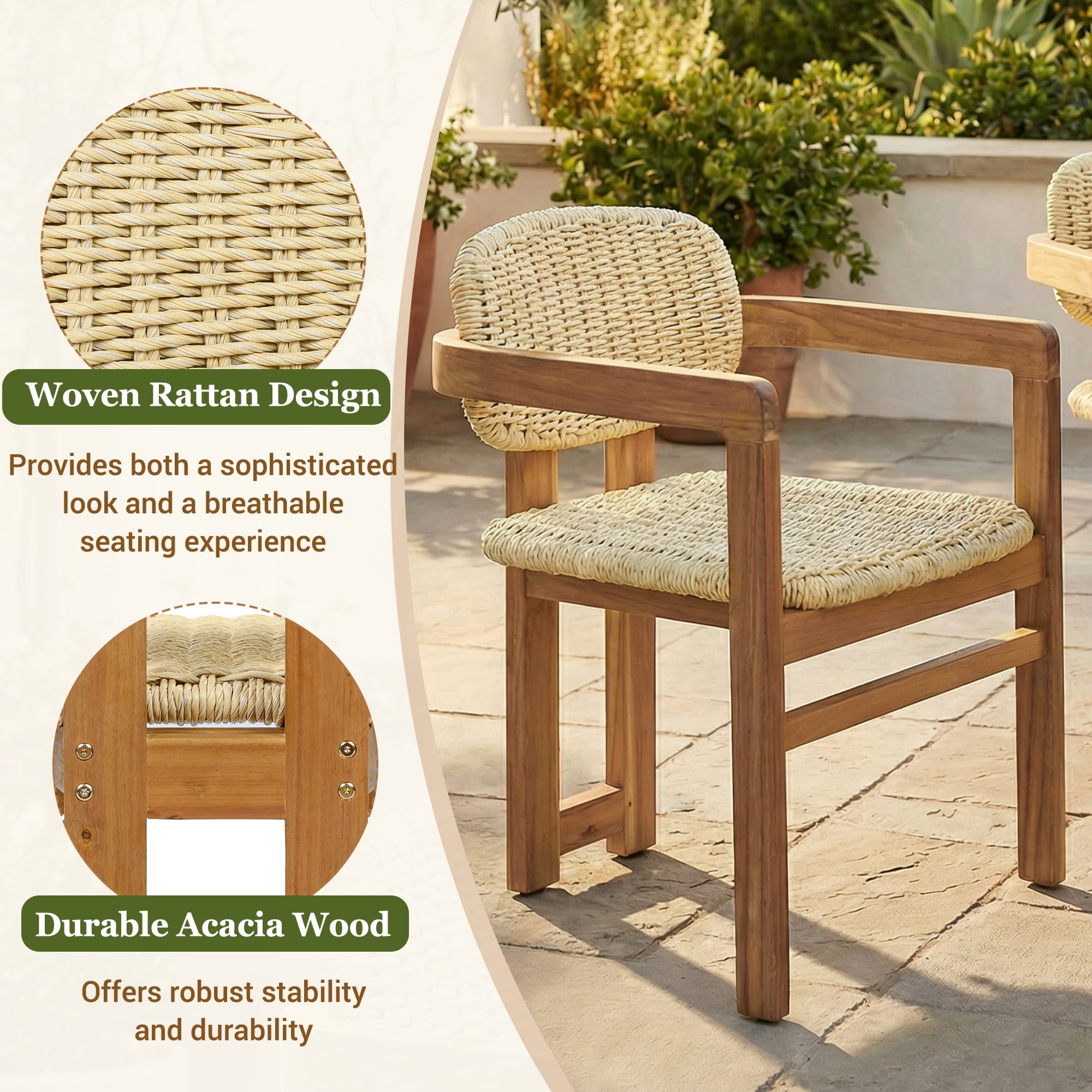 Woven Rattan Accent Chairs Set of 2, Outdoor Patio Seating Chairs, Teak Finish and Natural Rattan