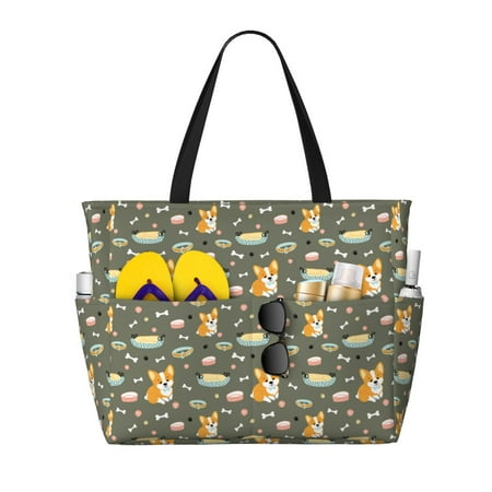 Beach Bag For Women  Funny Cute Corgi Dog Collar Beach Tote Bag Swim Pool Bag Large Tote With Pockets For Workout.