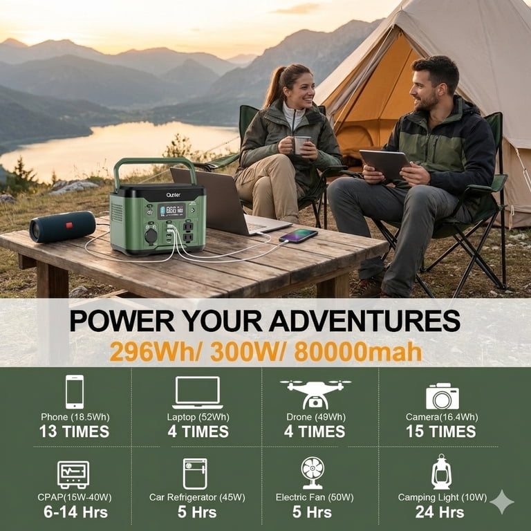 Qunler 300W Portable Power Station, 296Wh 80,000mAh, 120V AC Outlets, Solar  Generator for Camping, Emergency Backup - Walmart.com