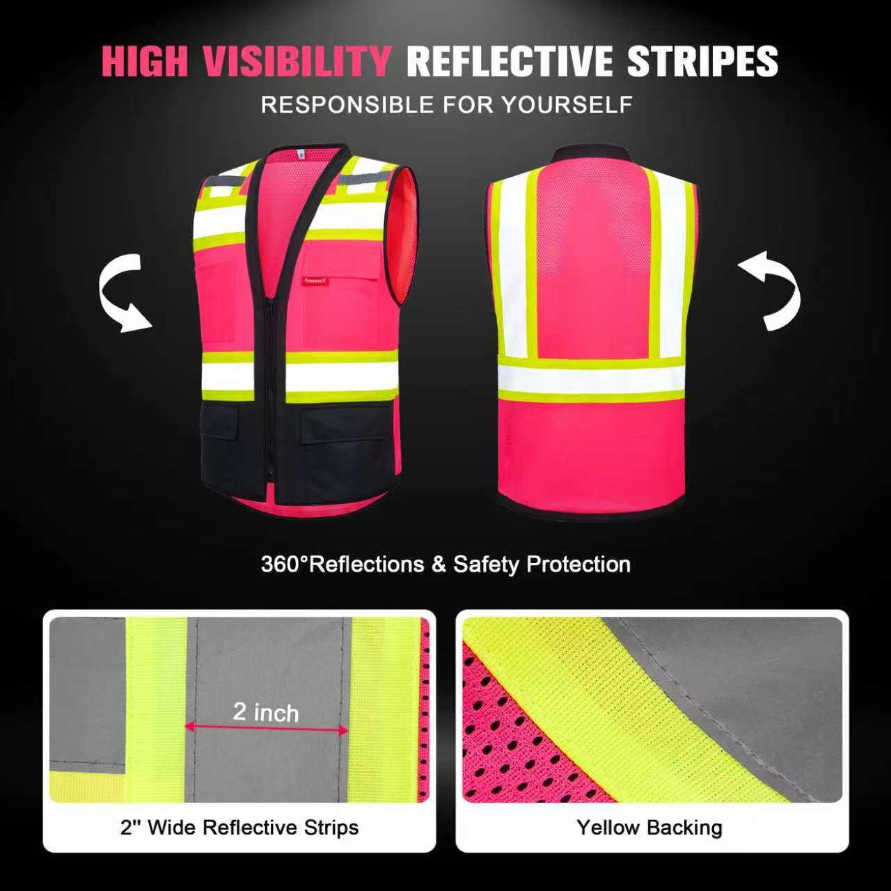 ProtectX 6 Pockets High Visibility Zipper Front Safety Vest with Reflective Tape Strips, Lightweight & Solid Front Mesh Back, ANSI/ISEA Certified Class 2, Pink - Large