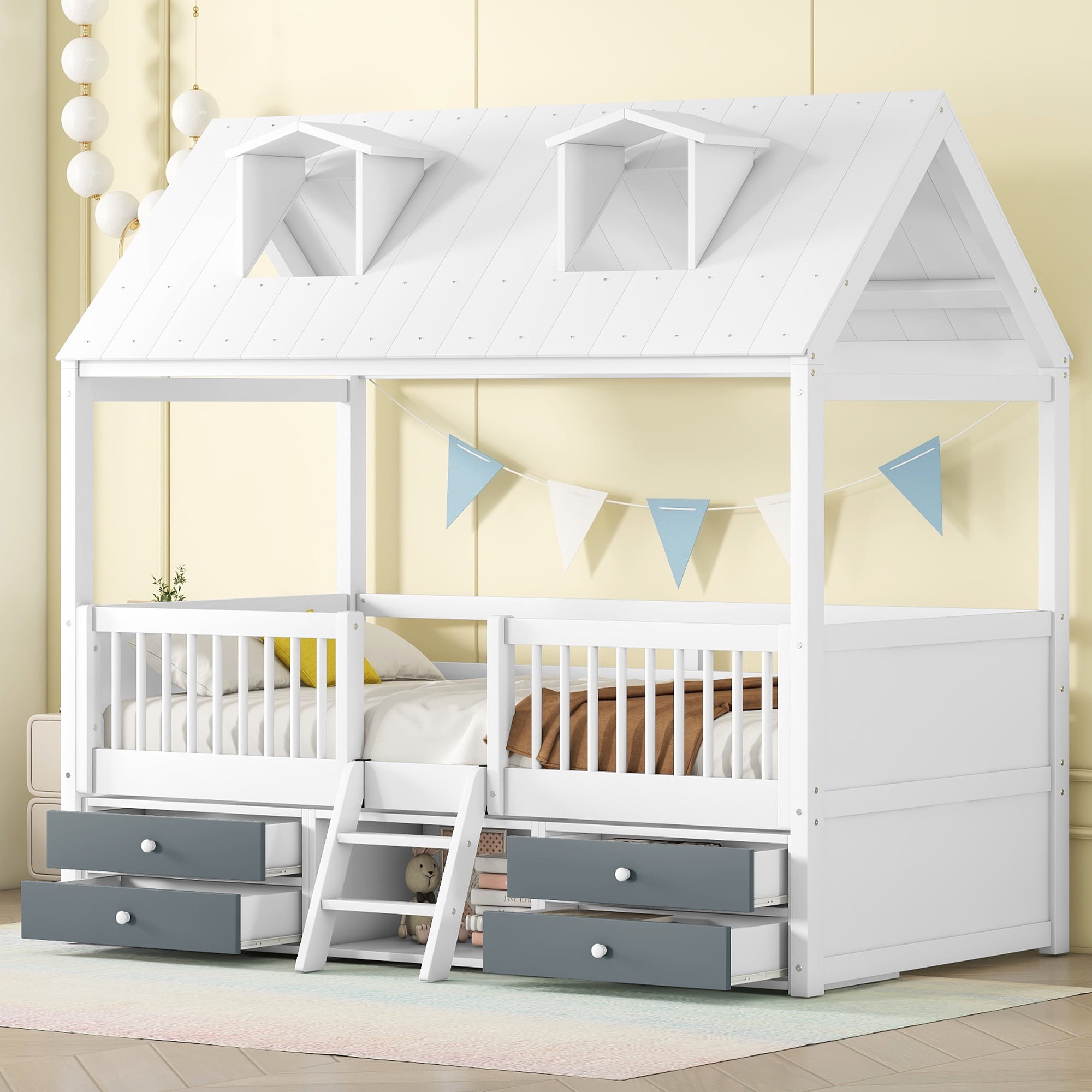 Harper & Bright Designs Twin Size Wood House Bed Frame with Fence and 4 Storage Drawers, Kids Playhouse Tent Bed with Roof and 2-step Ladder for Boys Girls Teens Bedroom, White
