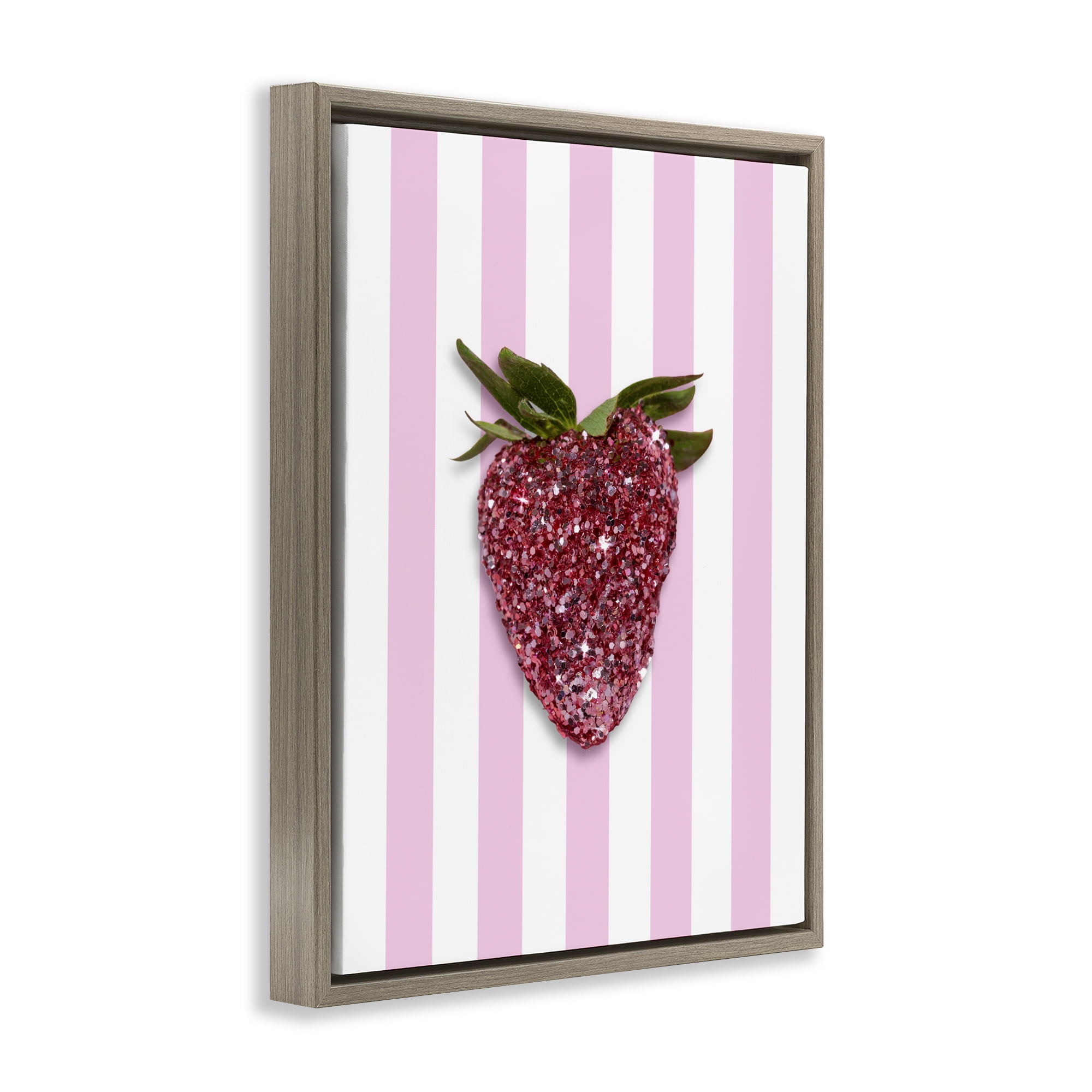 Stupell Industries Glimmer Strawberry on Green Stripes Brown Framed Floater Canvas Wall Art, design by LISH Creative
