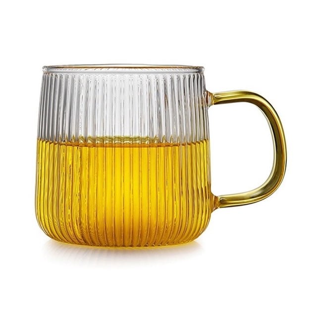 Taza de vidrio con rayas verticales y asa colorida, 320 ml, de vidrio borosilicato transparente.