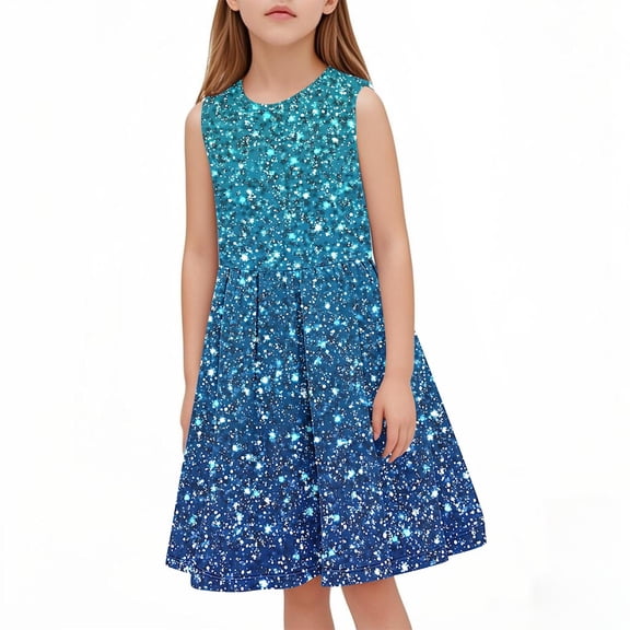 Asxite Toddler Girls Dress Sequin Print Sleeveless Crewneck Waist Definition Dresses 3-14 Years