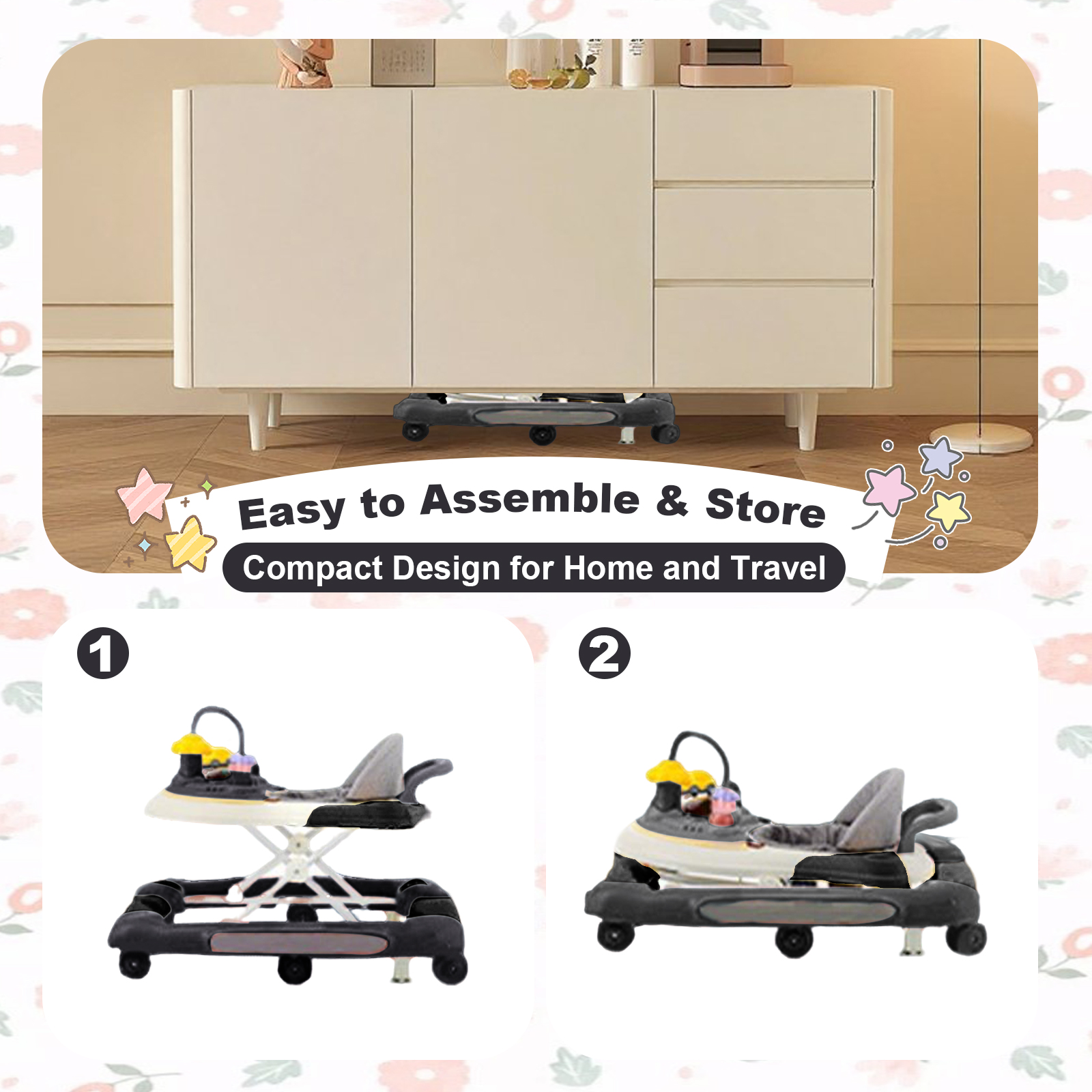 MINGYI 5-in-1 Baby Activity Walker, Foldable, Height Adjustable, Quiet Wheels, Easy Clean, Black, Suitable for Boys and Girls