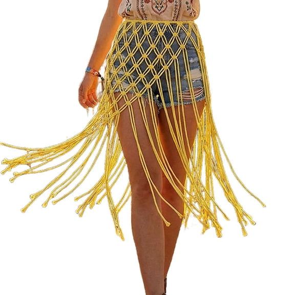 Crochet Beach Skirt for Women Fish Net Tassel Triangle Scarf Cover Up Fashion Bikini Swimsuit Coverup Skirts Waistband