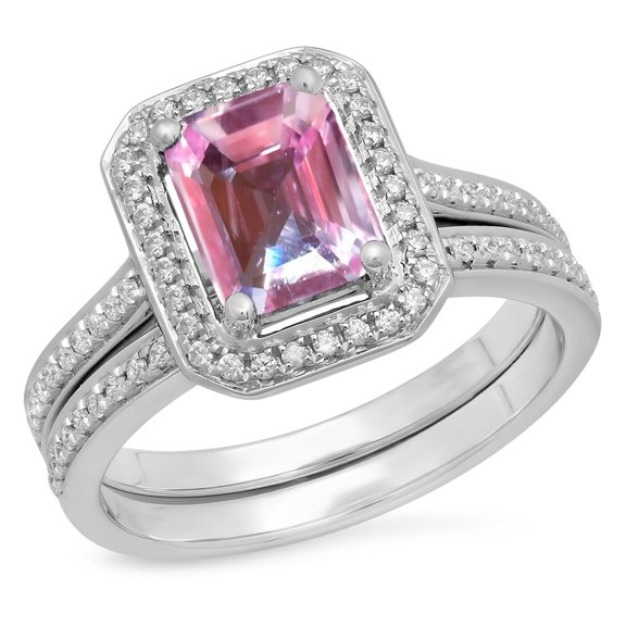Dazzlingrock Collection 2.33 Carat (ctw) 10K Emerald Pink & Round White Cubic Zirconia Bridal Set, White Gold, Size 8.5