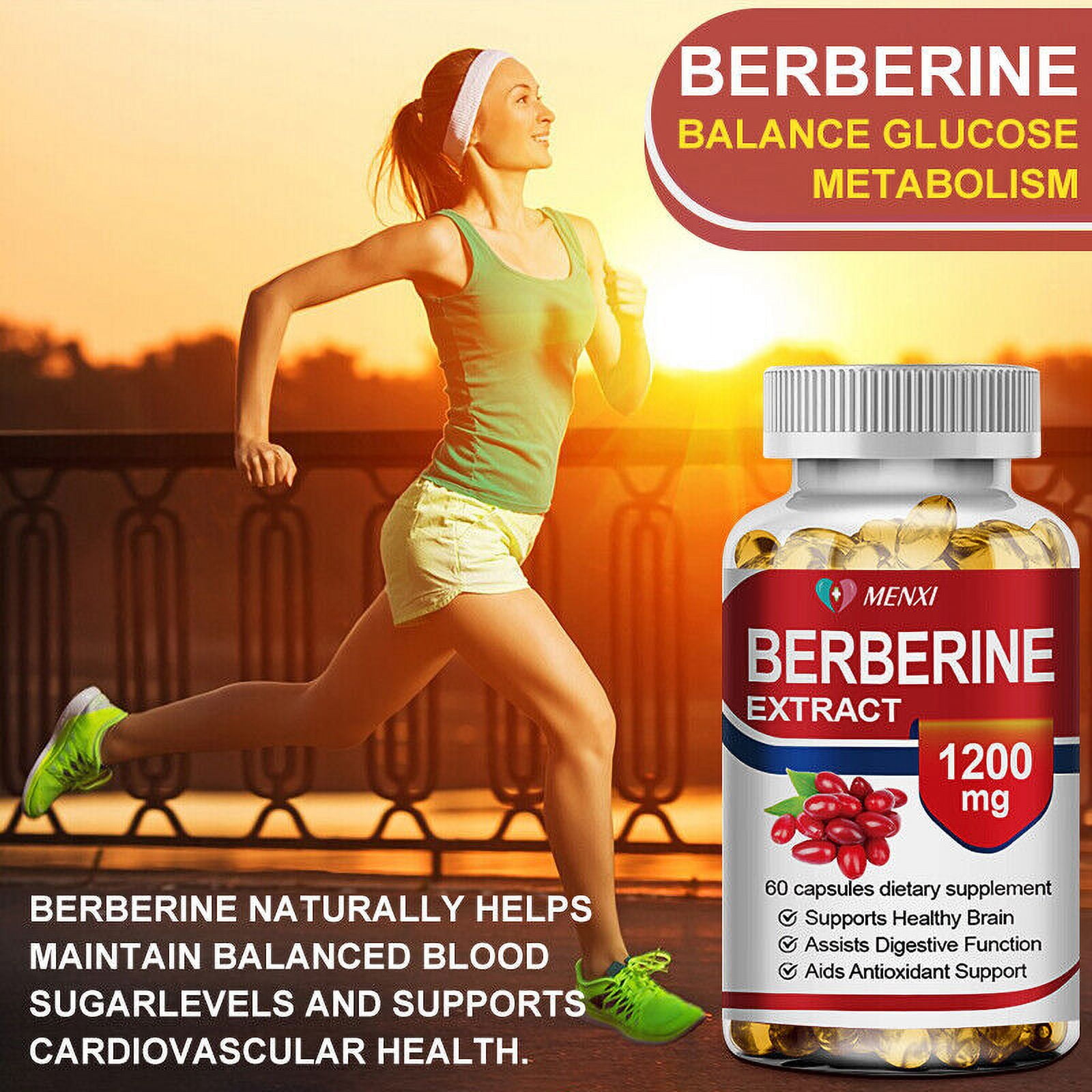 (3 Bottle)MENXI Berberine Extract Capsules,High Potency Berberine HCl Extract Supplement, Concentrated Berberine 1200mg Supplements, -Gluten Free & Non-GMO
