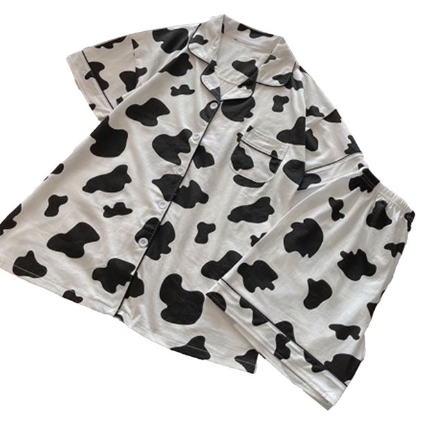 Conjunto de pijamas de verano, transpirable, agradable para la piel, informal, suelto, lindo, con botones, manga corta, ropa de dormir para el hogar, patrón de vaca lechera M 150-163 cm 35-45 kg