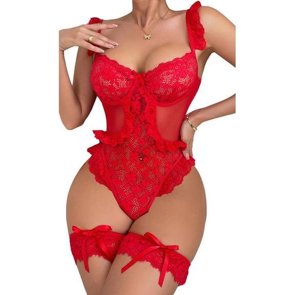 Ausing Women Lingerie Lace Teddy Bodysuit Garter Belt Ruffle Hem Mini Babydoll One Piece Underwear Clubwear Red S