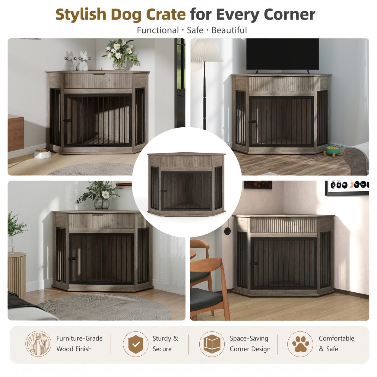 Corner Dog Crate Furniture for Small & Medium Dogs, MDF Kennel End Table with Fluted Drawer Storage, Space-Saving Indoor Dog Cage Cabinet, Grey