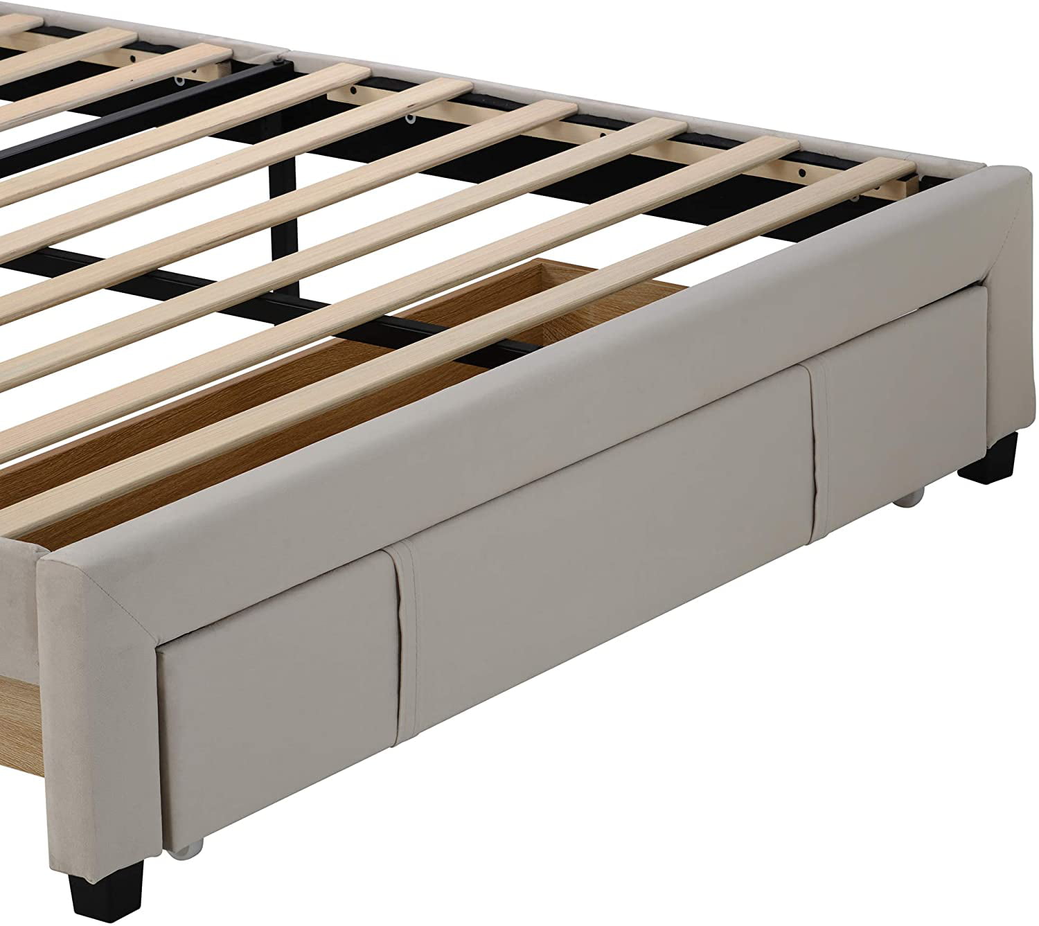 ATHMILE Beige Wood Frame Queen Velvet Upholstered Platform Bed with Drawer