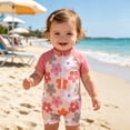 thumbnail image 2 of Weebloom Baby Girls One Piece Swimsuit Rash Guard Short Sleeve Sun Protection Flower Print Toddler Swimwear Cute Bathing Suit Swimsuits For Girls Pink 9-12 Months, 2 of 9